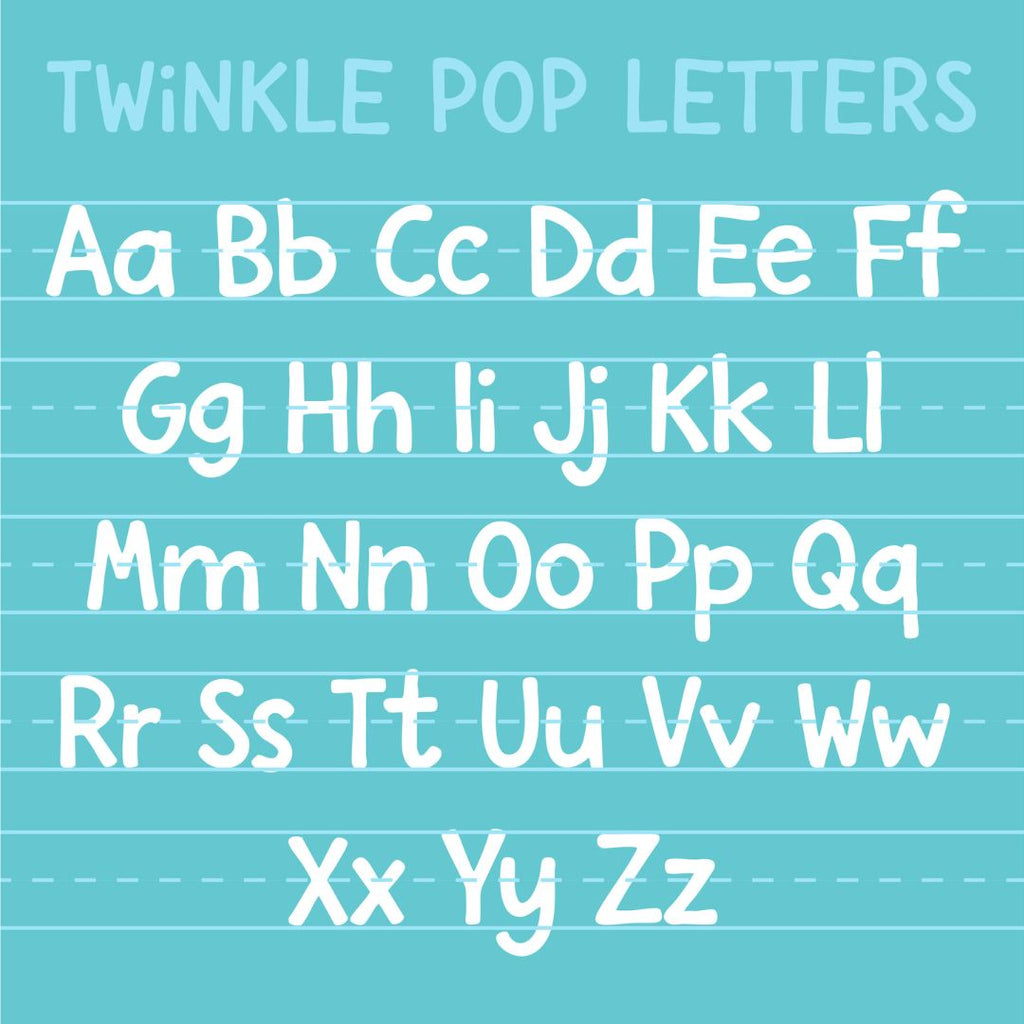 White alphabet letters on a blue background with 'Twinkle Pop Letters' text at the top.