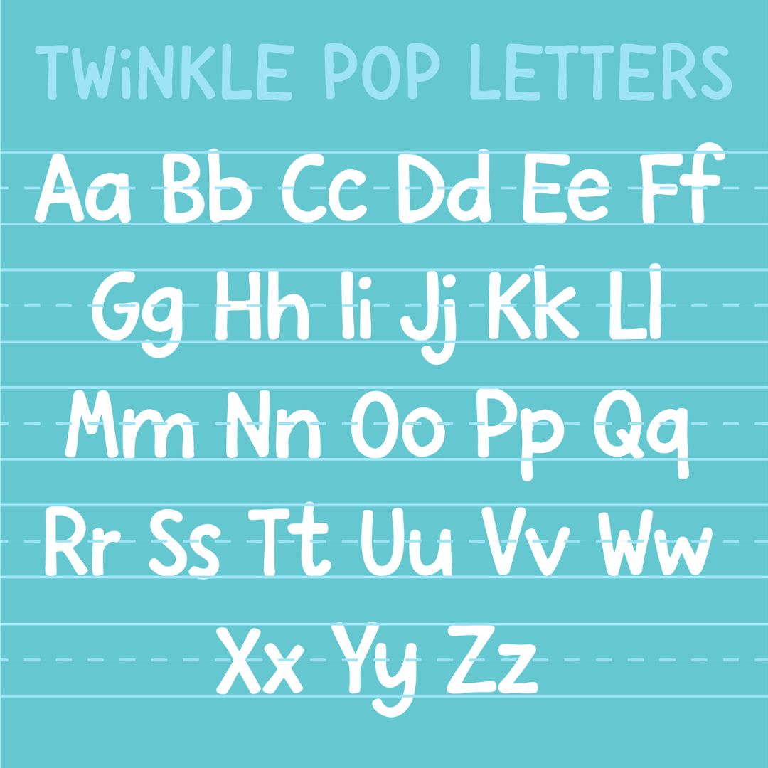 White alphabet letters on a blue background with 'Twinkle Pop Letters' text at the top.