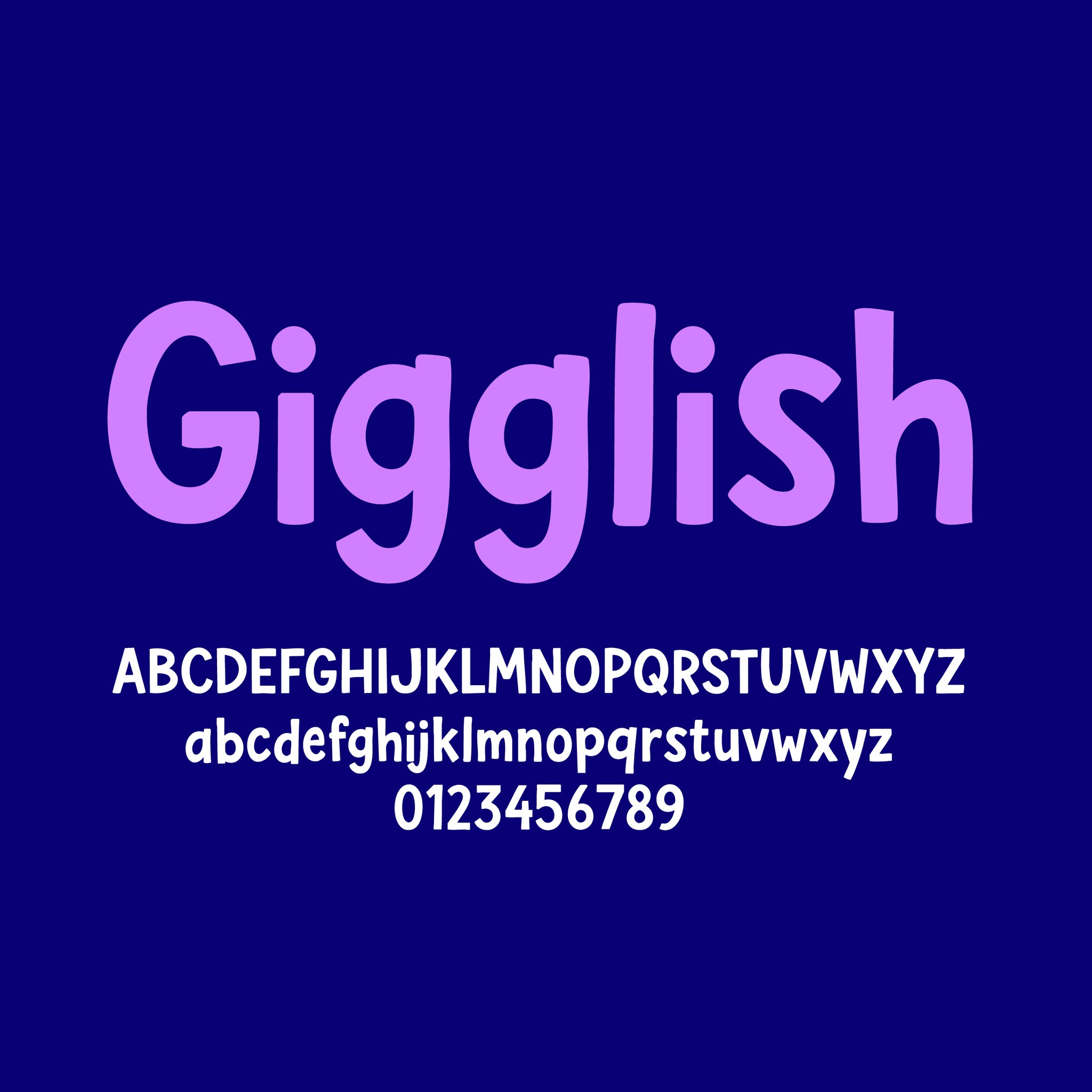 Purple 'Gigglish' font on a blue background with alphabet and numbers.