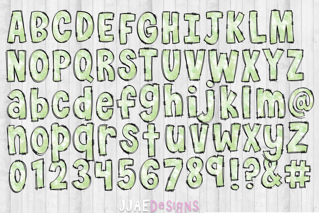 The entire Green Watercolor Pastels Alcohol Ink Letters, Numbers, and punctuation page