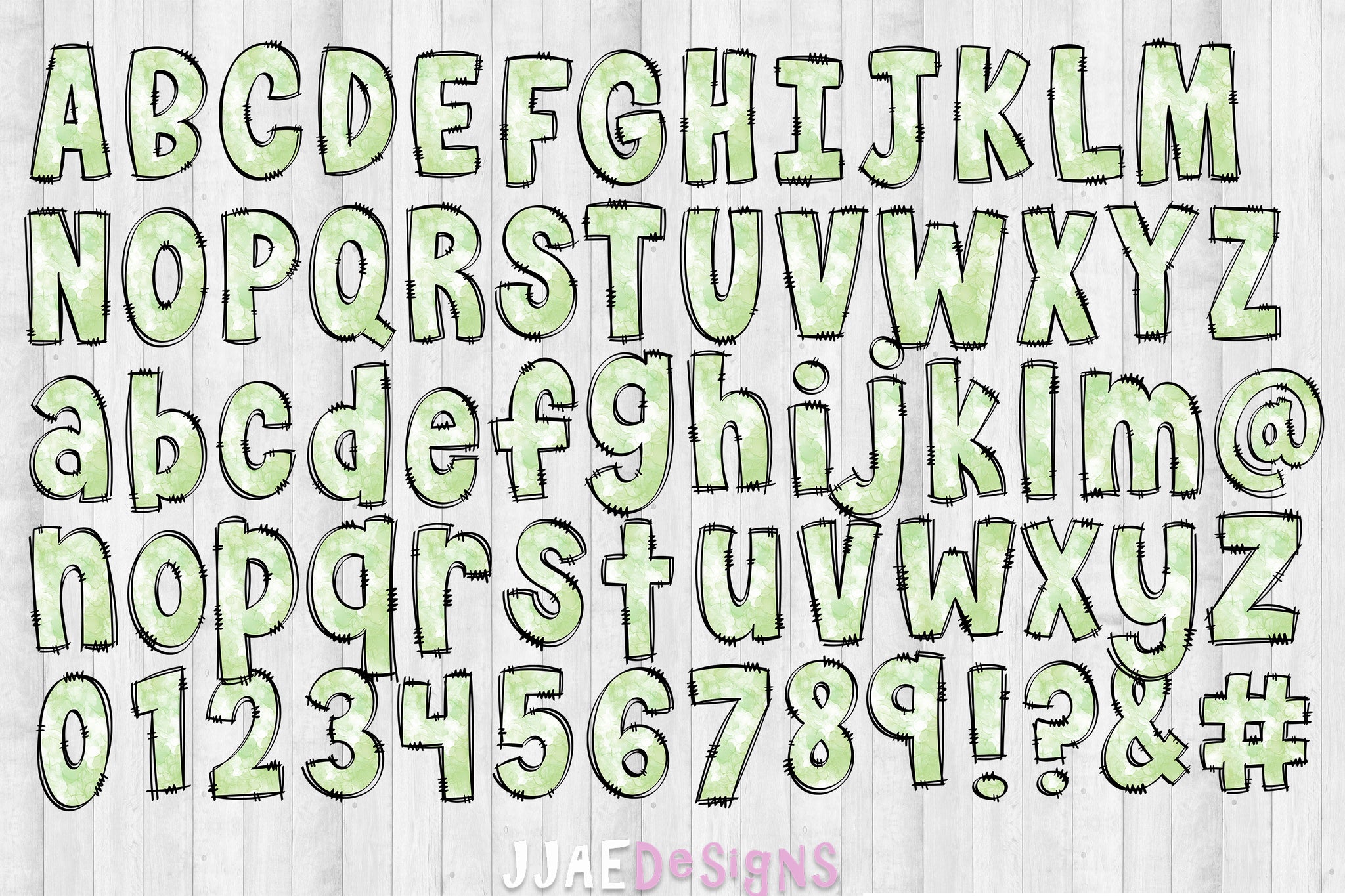 The entire Green Watercolor Pastels Alcohol Ink Letters, Numbers, and punctuation page