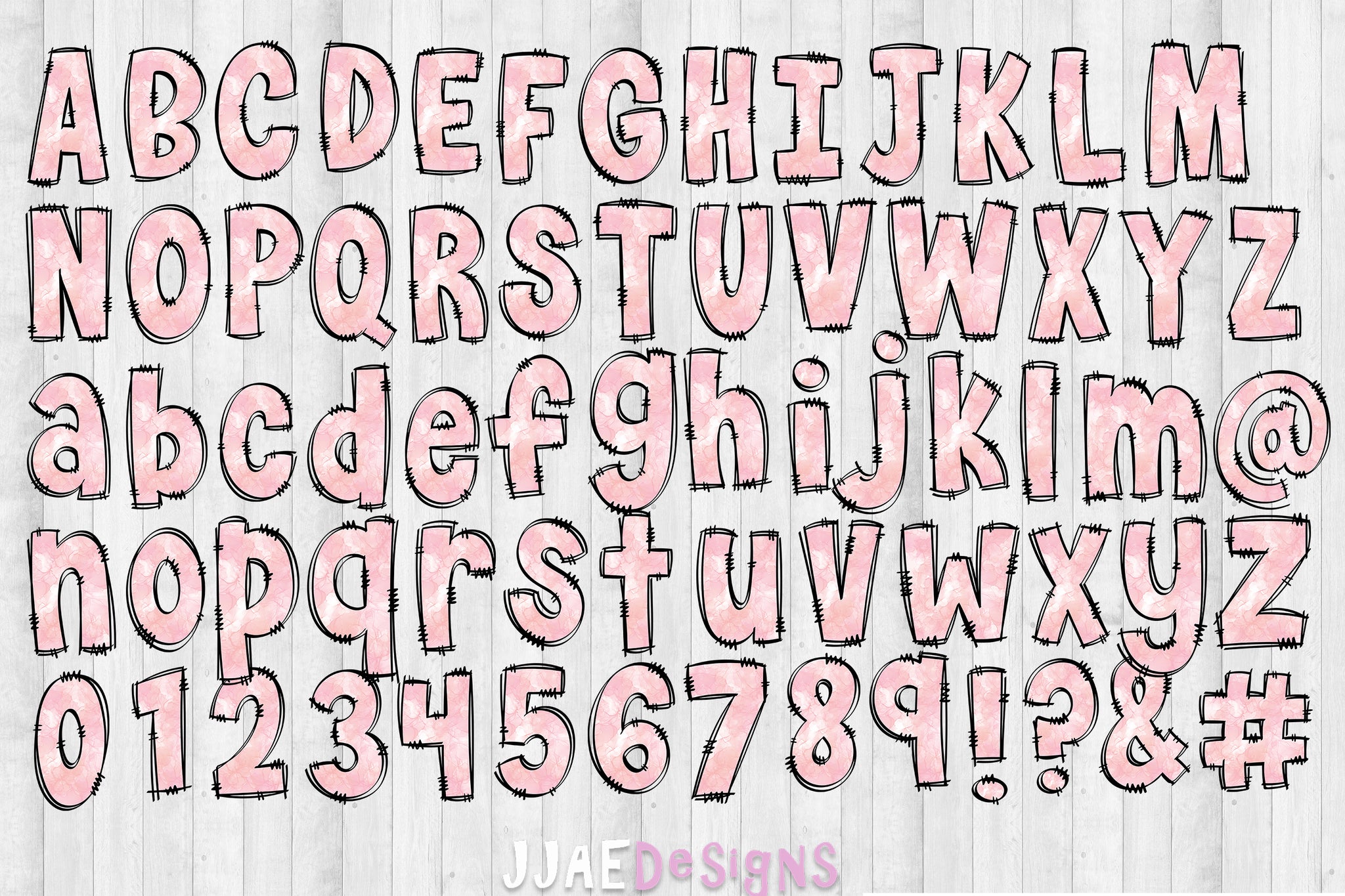 The entire Pink Watercolor Pastels Alcohol Ink Letters, Numbers, and punctuation page