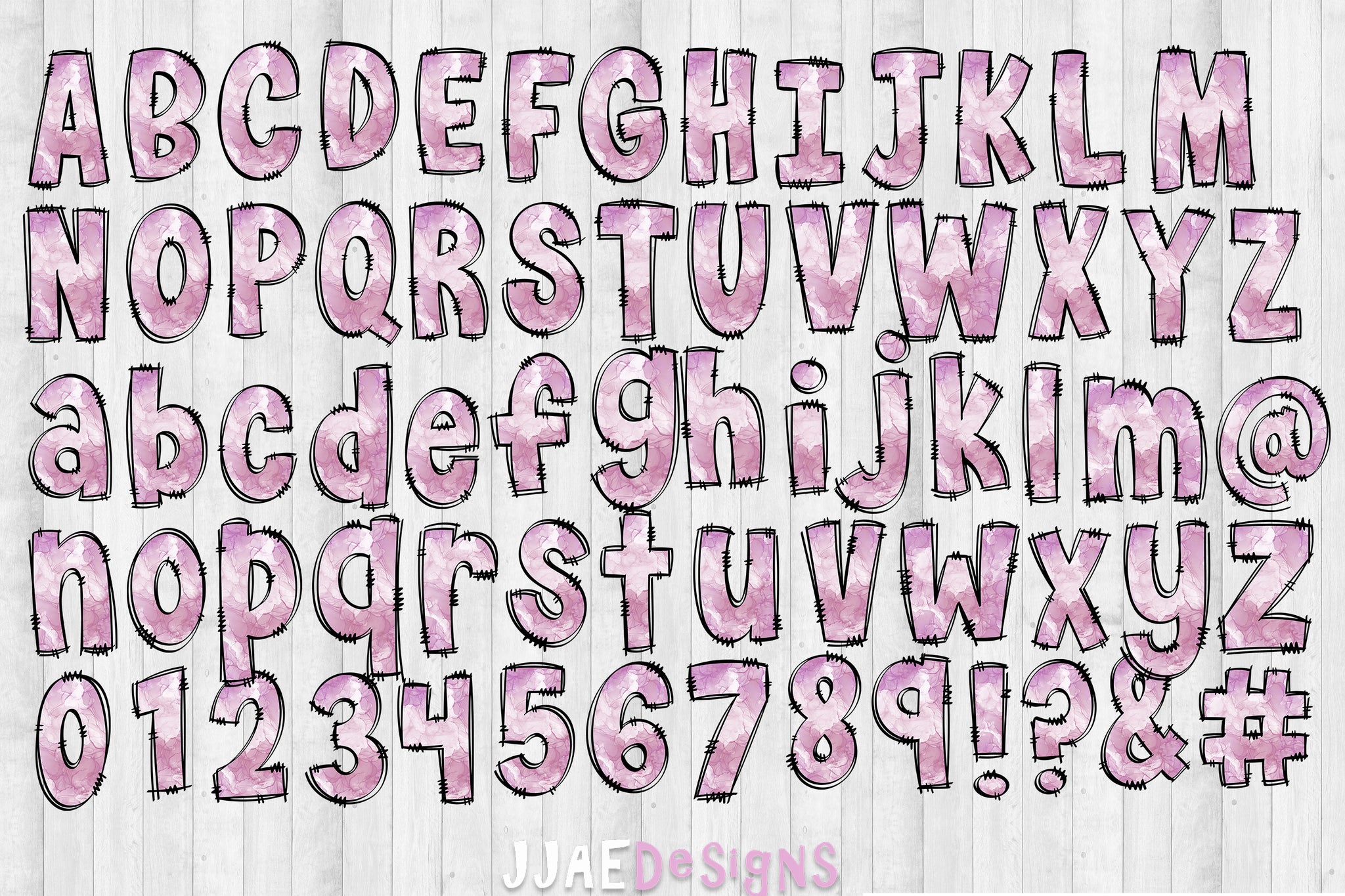 The entire Purple Watercolor Pastels Alcohol Ink Letters, Numbers, and punctuation page