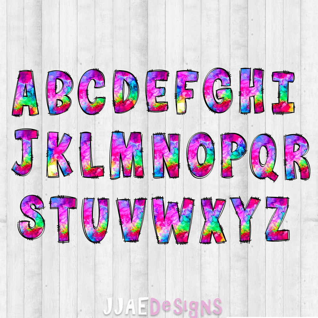 Watercolor rainbow vibrant PNG letters called Inked Uppercase Letters Page
