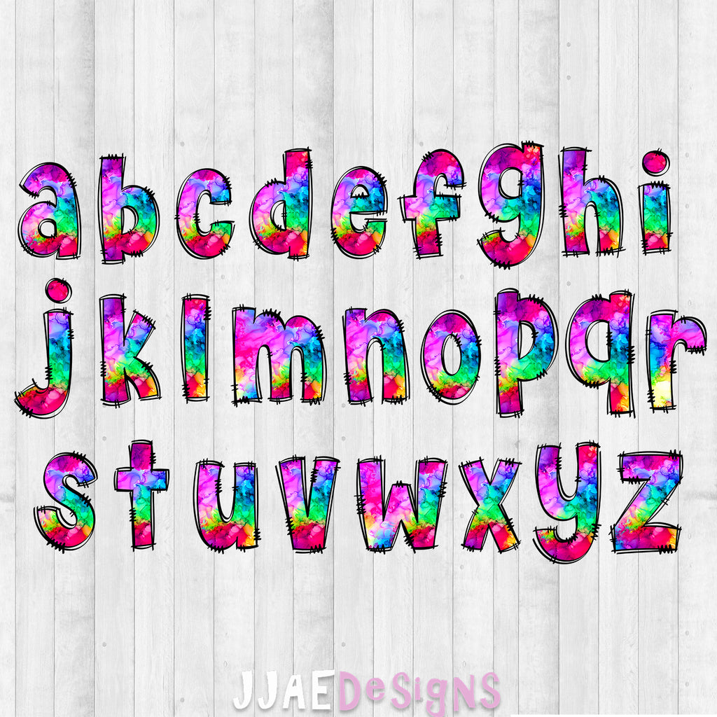 Watercolor rainbow vibrant PNG letters called Inked Lowercase Letters Page