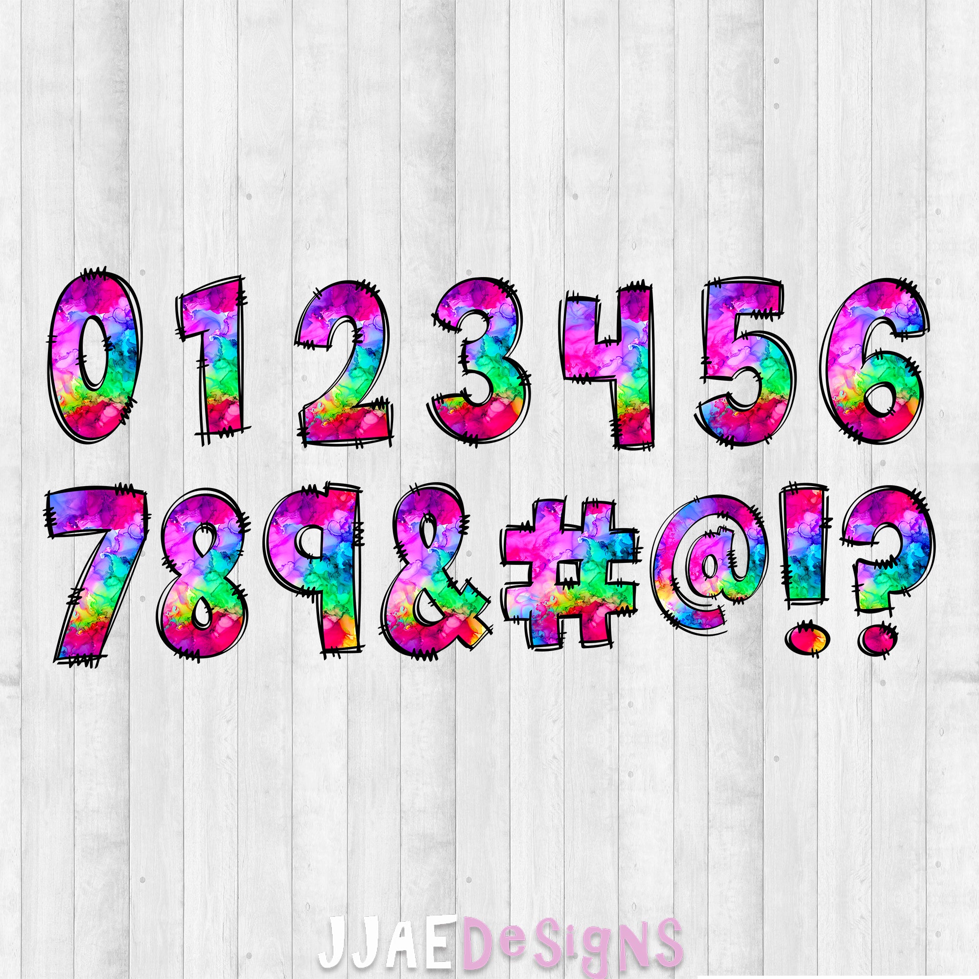 Watercolor rainbow vibrant PNG letters called Inked Numbers and Punctuation Page