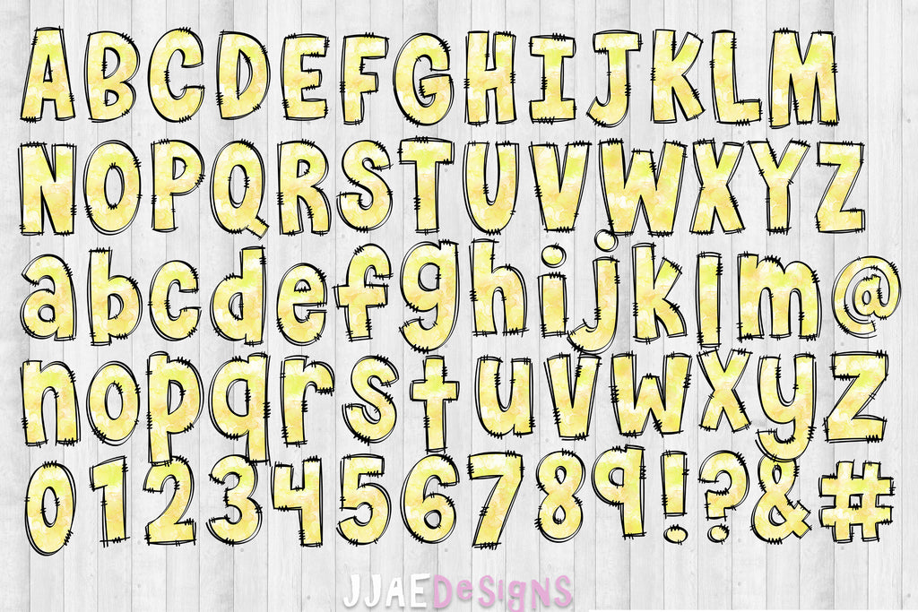 The entire Yellow Watercolor Pastels Alcohol Ink Letters, Numbers, and punctuation page