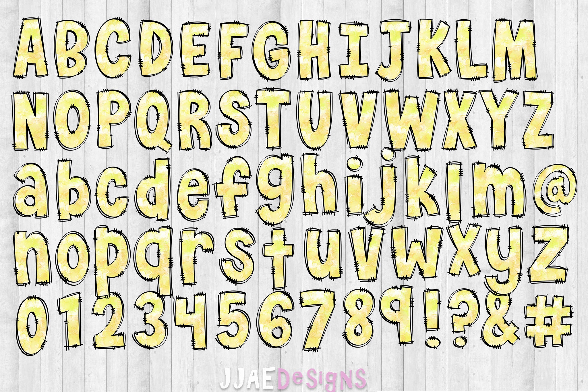 The entire Yellow Watercolor Pastels Alcohol Ink Letters, Numbers, and punctuation page