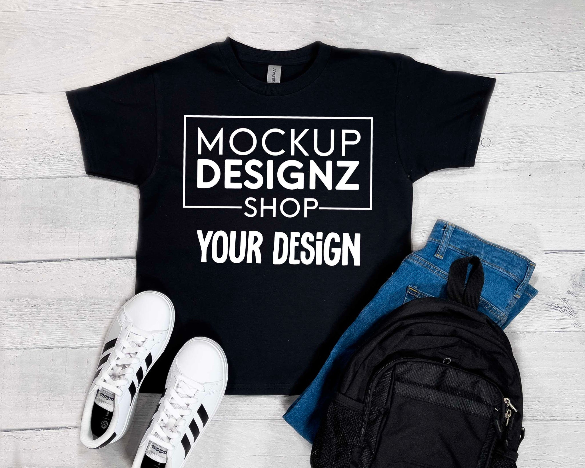 Kids Black T-Shirt with Backpack Mockup