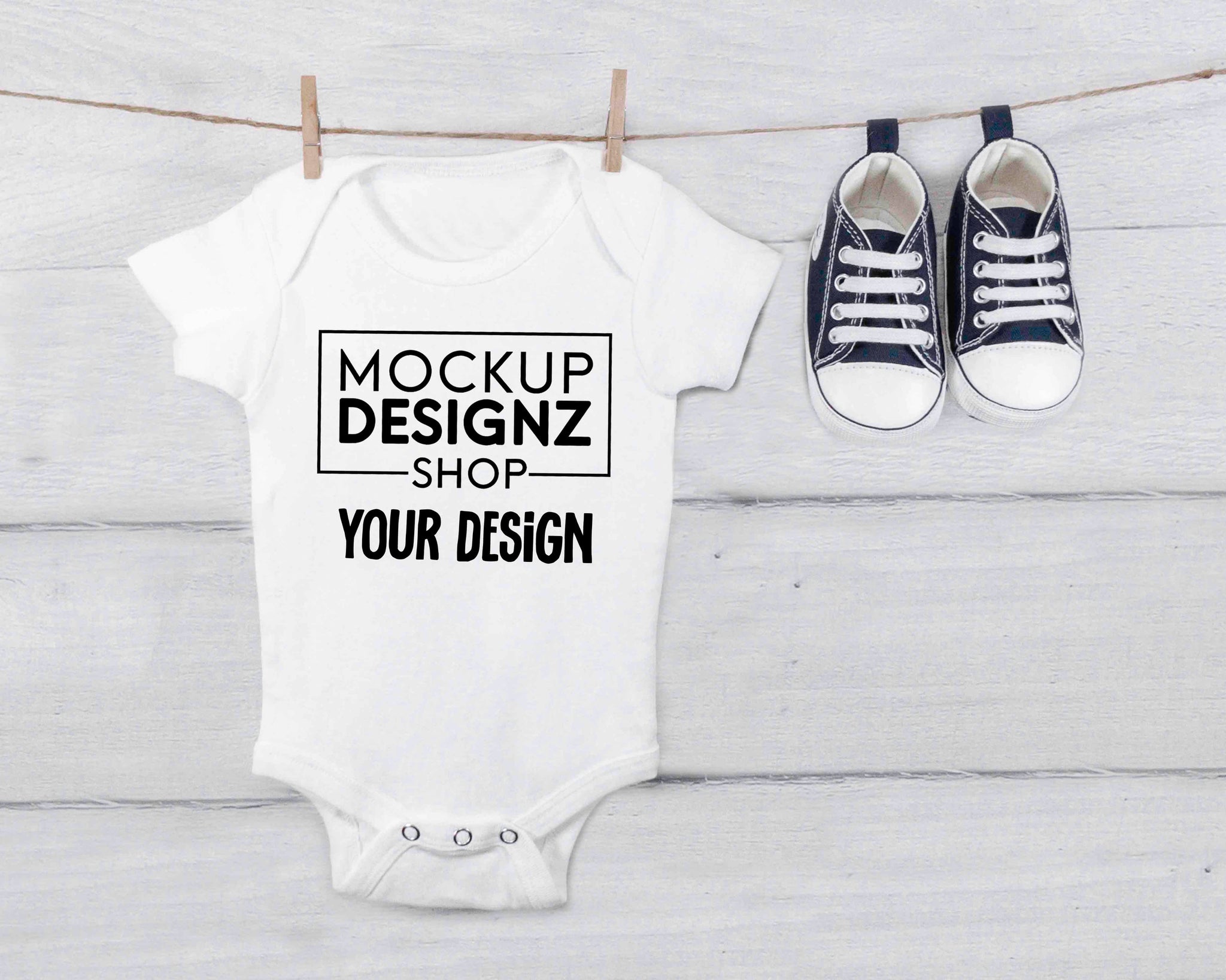Baby White Onesie Clothesline Mockup